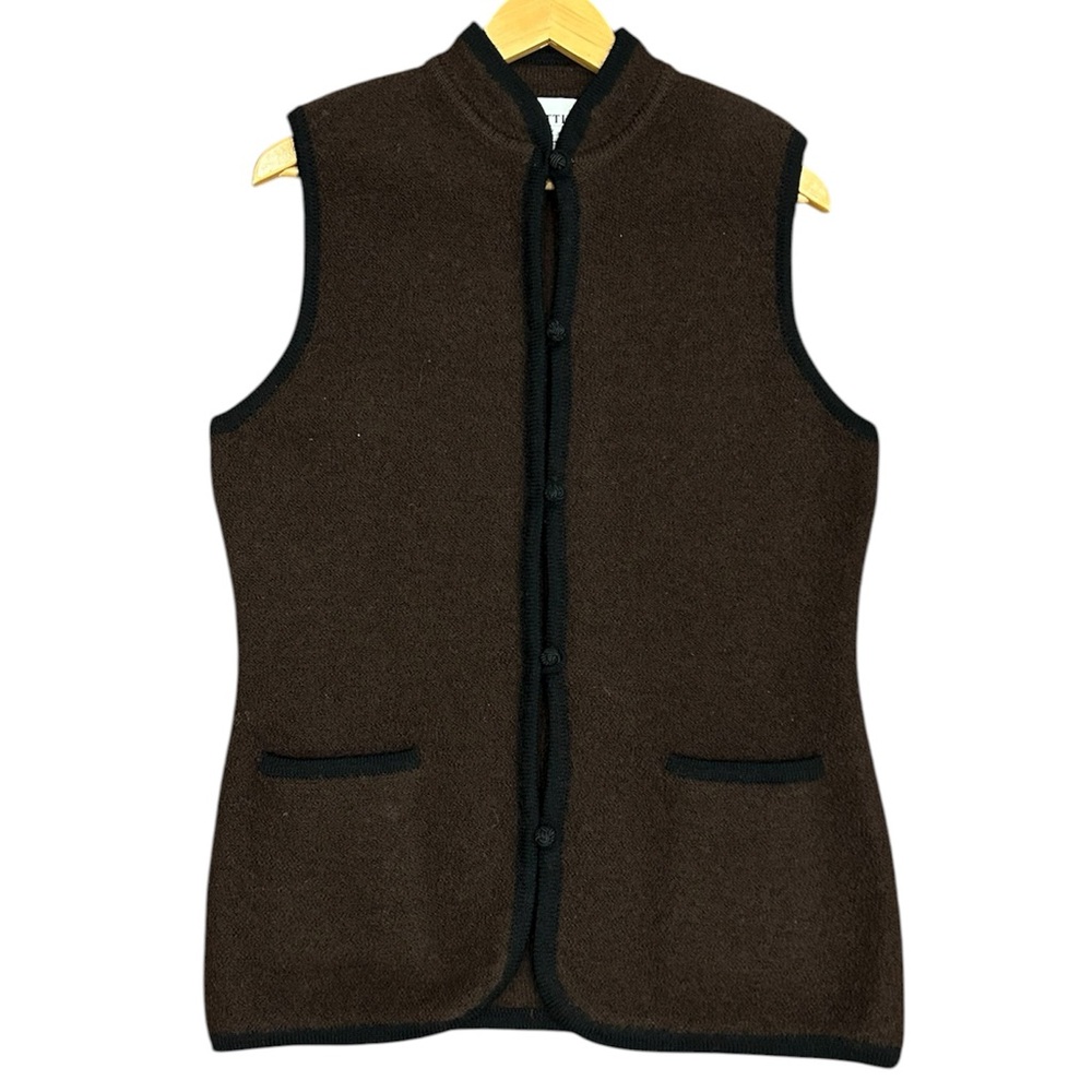 Vintage Knitting Needles Brown 100% Wool Vest Black Fabric Buttons & Trim Large